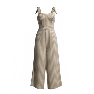 Women's E Merci Ruffled Shoulder Straps Striped Tan Capri Jumpsuit Size Large